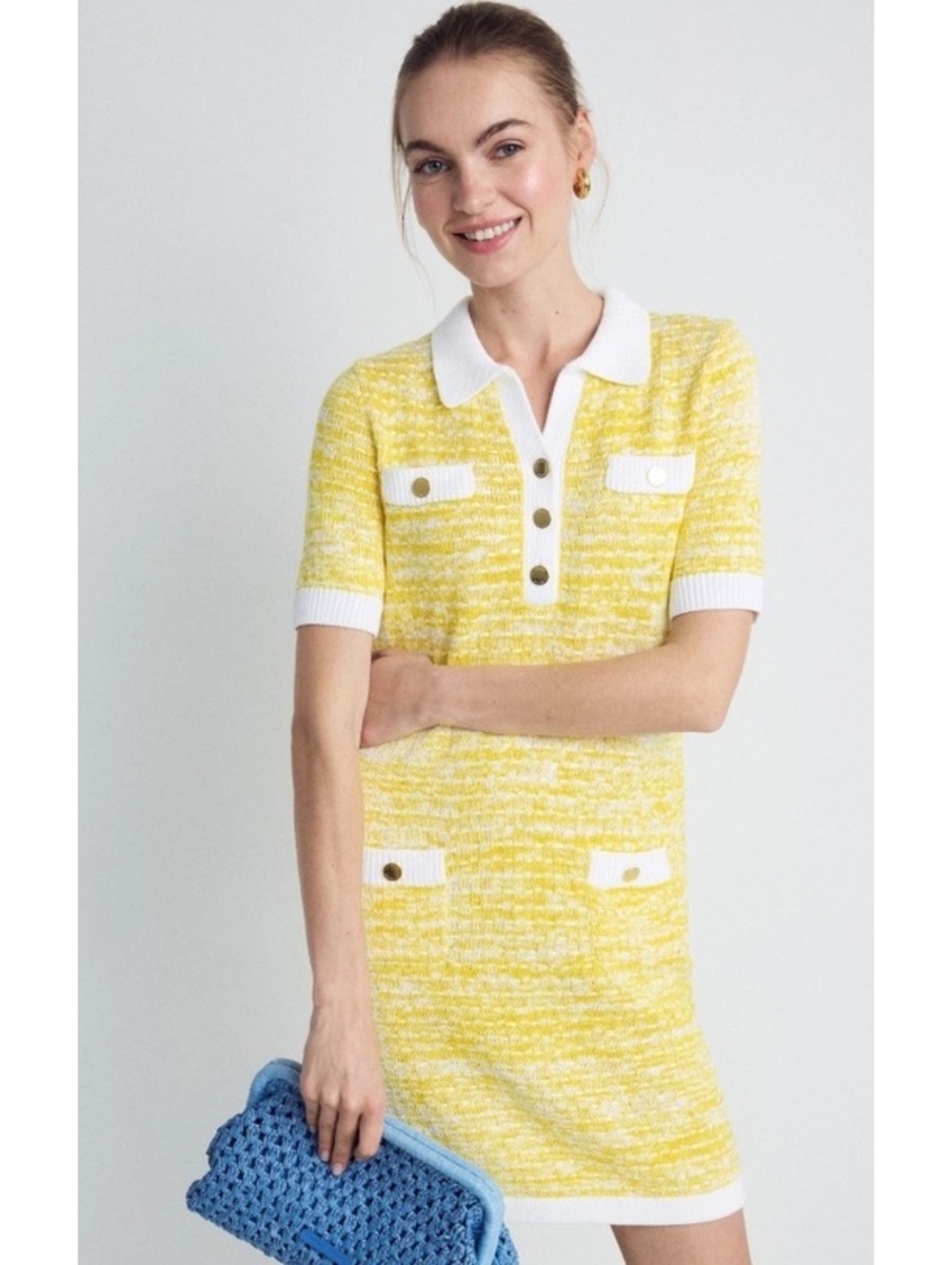 Lilly Pulitzer Theodorah Polo Sweater Dress Yellow White Tweed Gold Buttons Sz S